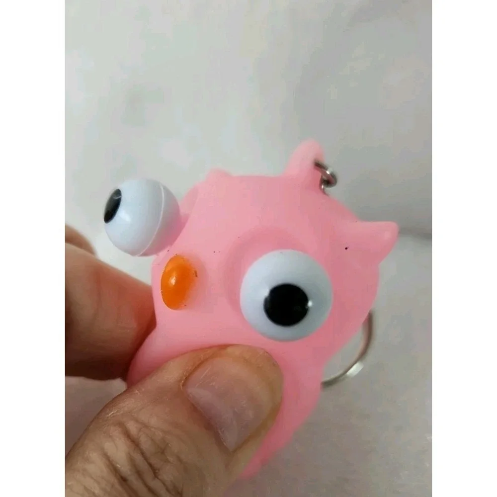Owl Pink Rubber Squeeze Toy Eyes Pop Out Purse/Bag Charm Keychain Stress Cute 2